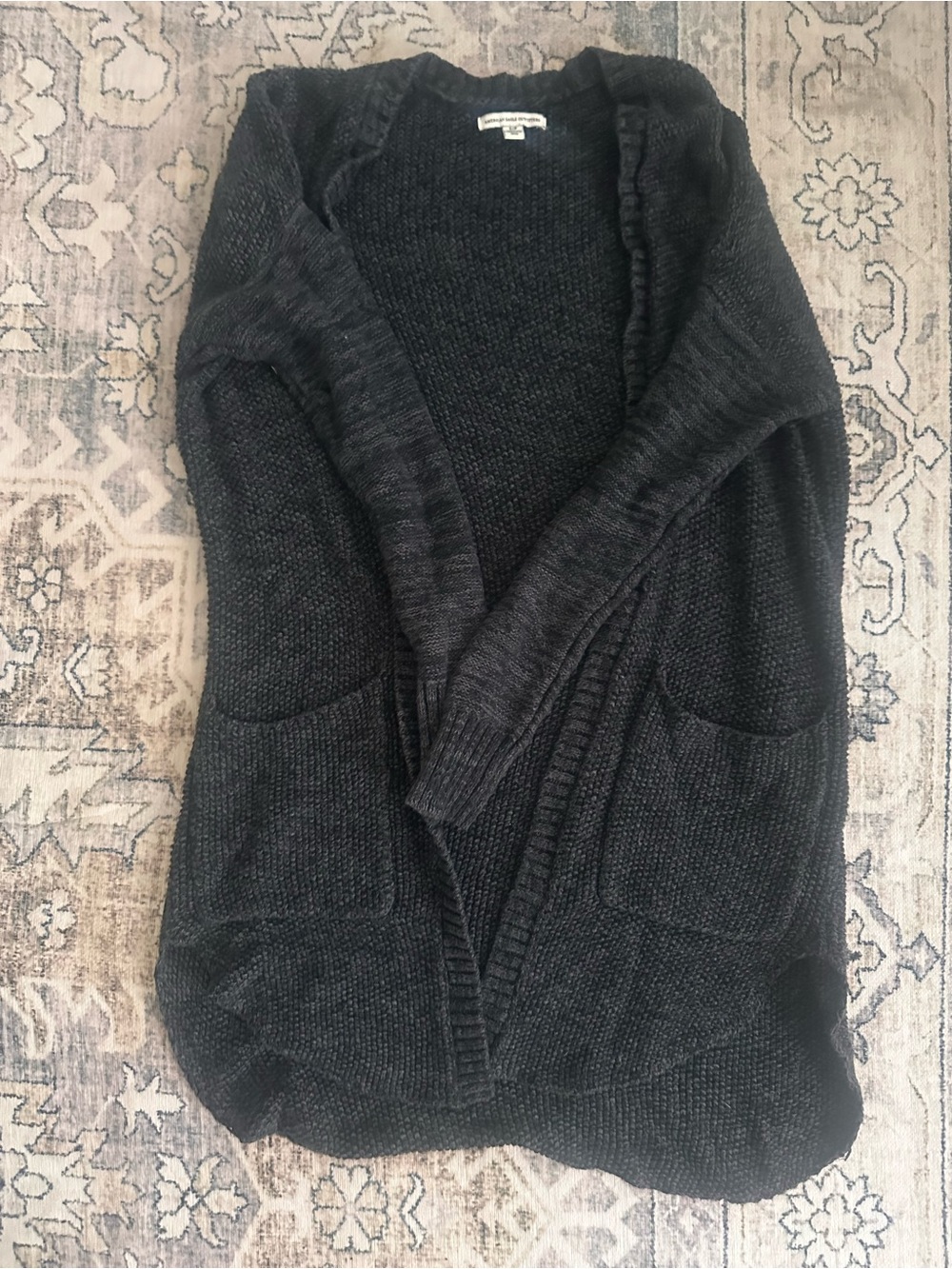 American Eagle Outfitters Dark Charcoal Open-Front Knit Cardigan